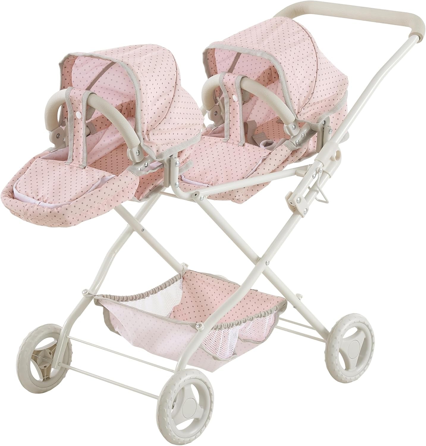 Olivia'S Little World Polka Dot Princess Baby Doll Twin Bassinet Stroller with Retractable Canopy & Storage, Pink/Gray