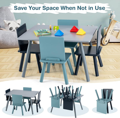 Costzon Kids Table and Chair Set, 5-Piece Toddler Table & 4 Chairs W/Toy Bricks for Arts, Crafts, Snack Time & Homework, Classroom Playroom Daycare Furniture for Boys & Girls Age 3-7 (Grey, Blue)