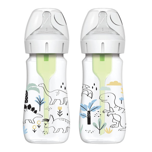 Dr. Brown'S Natural Flow® Anti-Colic Options+™ Wide-Neck Baby Bottle Designer Edition Bottles, Dino Decos, 9Oz/270Ml, Level 1 Nipple, 2-Pack, 0M+