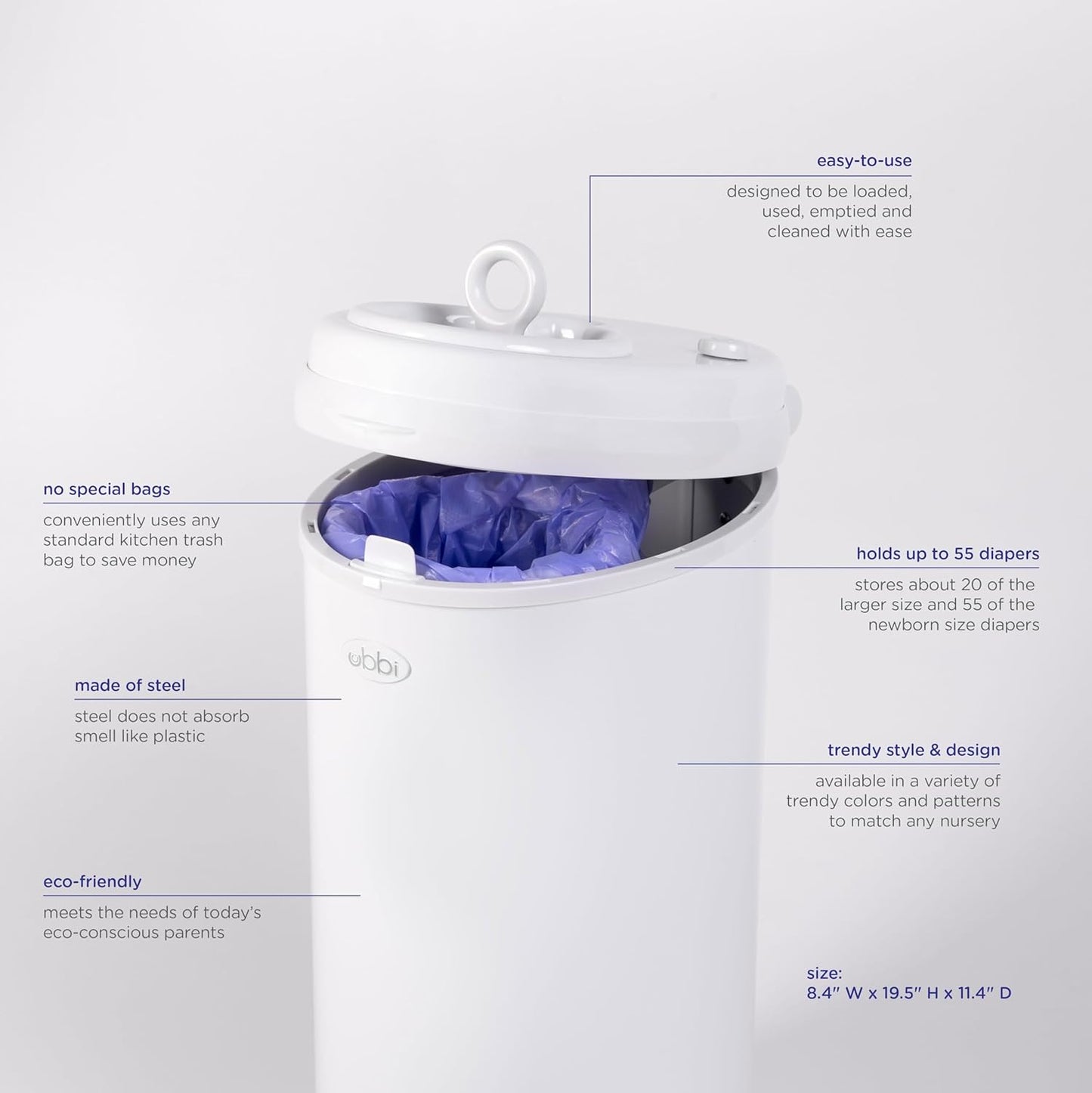 Ubbi Steel Diaper Pail, Odor Locking, No Special Bag Required, Award-Winning, Registry Must-Have, Marble