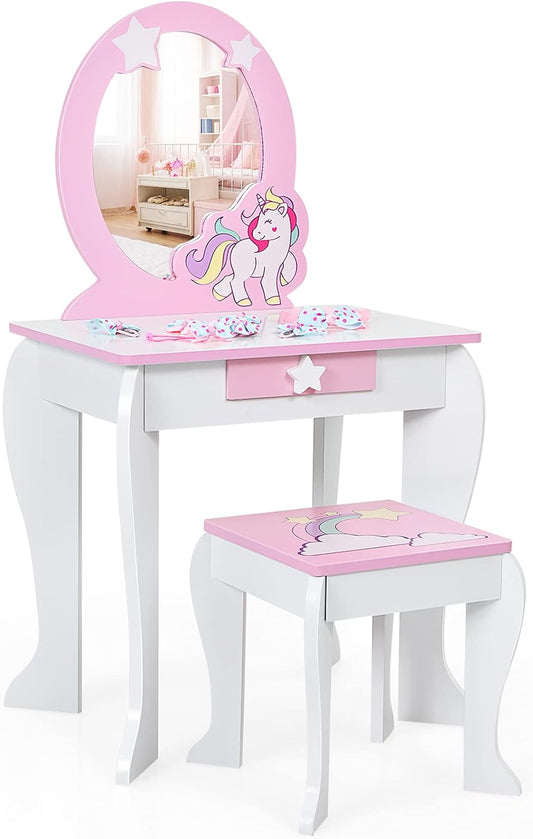 Costzon Kids Vanity Set with Mirror, 2 in 1 Wooden Princess Makeup Dressing Table with Detachable Top, Toddler Girls Vanity with Drawer & Stool, Pretend Play Vanity Set for Little Girls, White