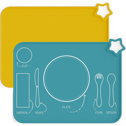 Moonkie Silicone Placemats for Baby & Kid, Stain Resistant Non-Slip Toddler Food Mats Eating Table Mat with 2 Packs(Teal/Mustard 2)