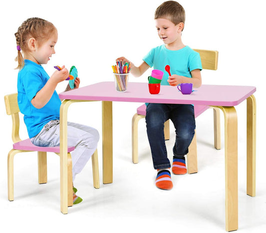 Costzon Kids Table and Chair Set, Wood Table and Chairs for Toddlers Reading, Arts, Crafts, Homework, Snack Time, 3 Piece Furniture for Playroom Home School Classroom, Childrens Table and Chair, Pink