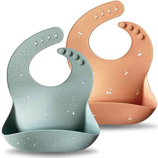 Moonkie Silicone Baby Bibs Set of 2 | BPA Free Waterproof | Soft Durable Adjustable Silicone Bibs for Babies & Toddlers(Ether/Muted)