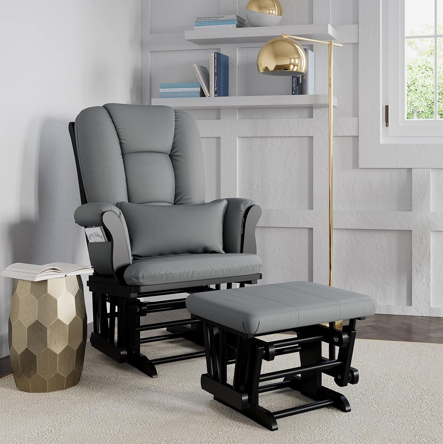 Storkcraft Tuscany Custom Glider and Ottoman with Free Lumbar Pillow (Black/Grey) - Cleanable Upholstered Comfort Rocking Nursery Chair with Ottoman