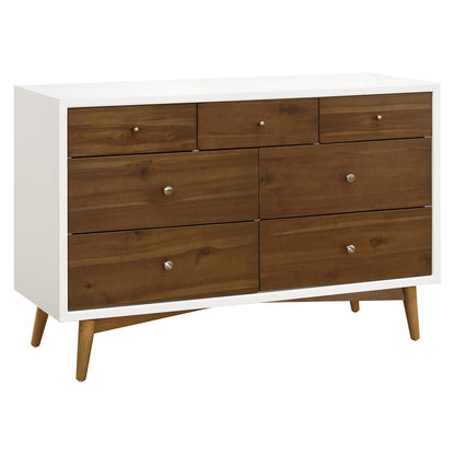 Babyletto Palma 7-Drawer Assembled Double Dresser in White and Natural Walnut, Greenguard Gold Certified, 19"D X 53"W X 34.25"H