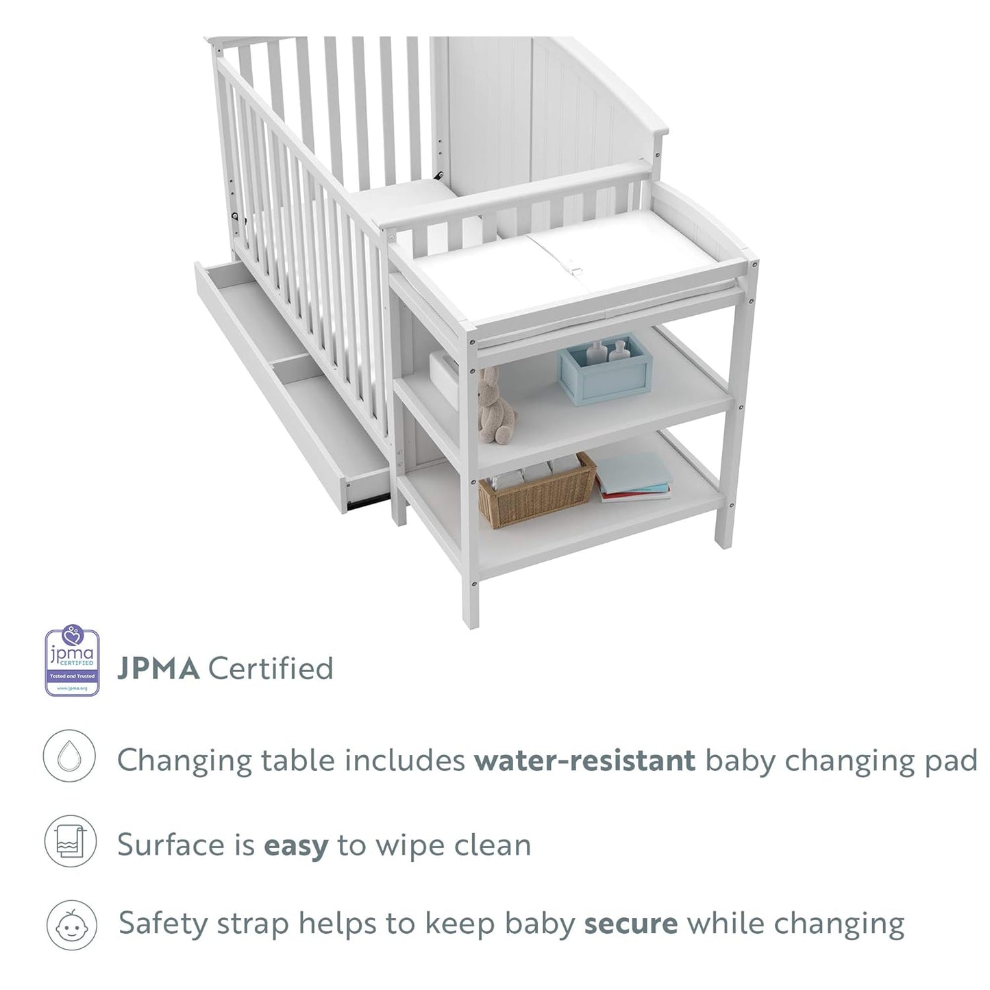 Storkcraft Steveston 5-In-1 Convertible Crib and Changer with Drawer (White) – GREENGUARD Gold Certified, Crib and Changing Table Combo with Drawer, Converts to Toddler Bed, Daybed and Full-Size Bed