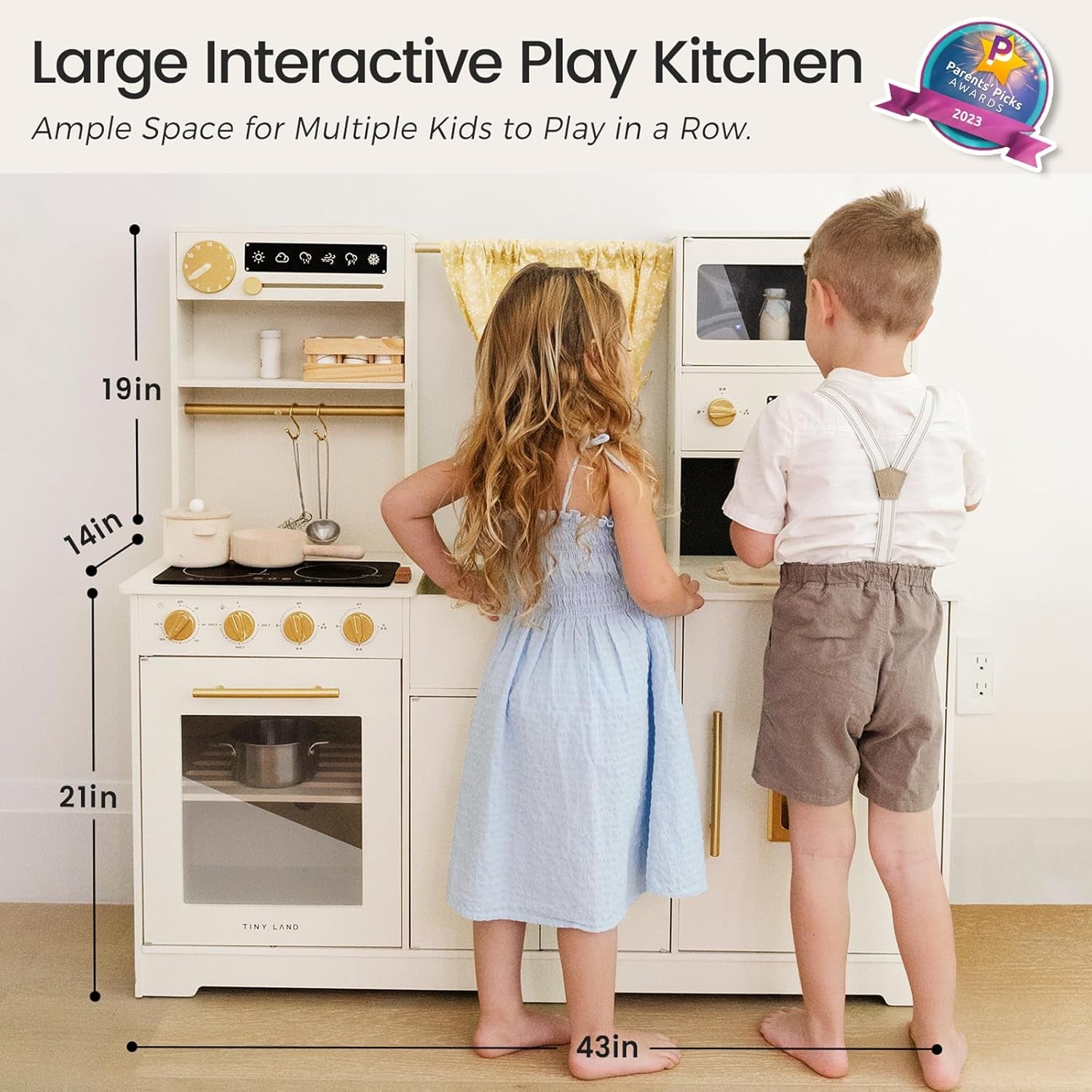 Tiny Land Play Kitchen for Kids, Toy Kitchen Set with Plenty of Play Features, New Modern Kids Wooden Play Kitchen Designed in Trendy Home Style with Curtains, Gift for Ages 3+