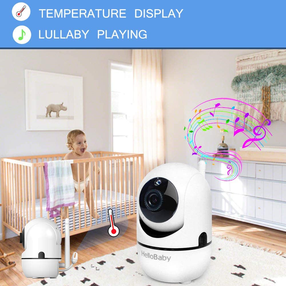 Hellobaby Video Baby Monitor with 2 Cameras and Audio. Baby Monitor with Remote Pan/Tilt/Zoom, VOX Mode, Night Vision, 2-Way Talk, 8 Lullabies