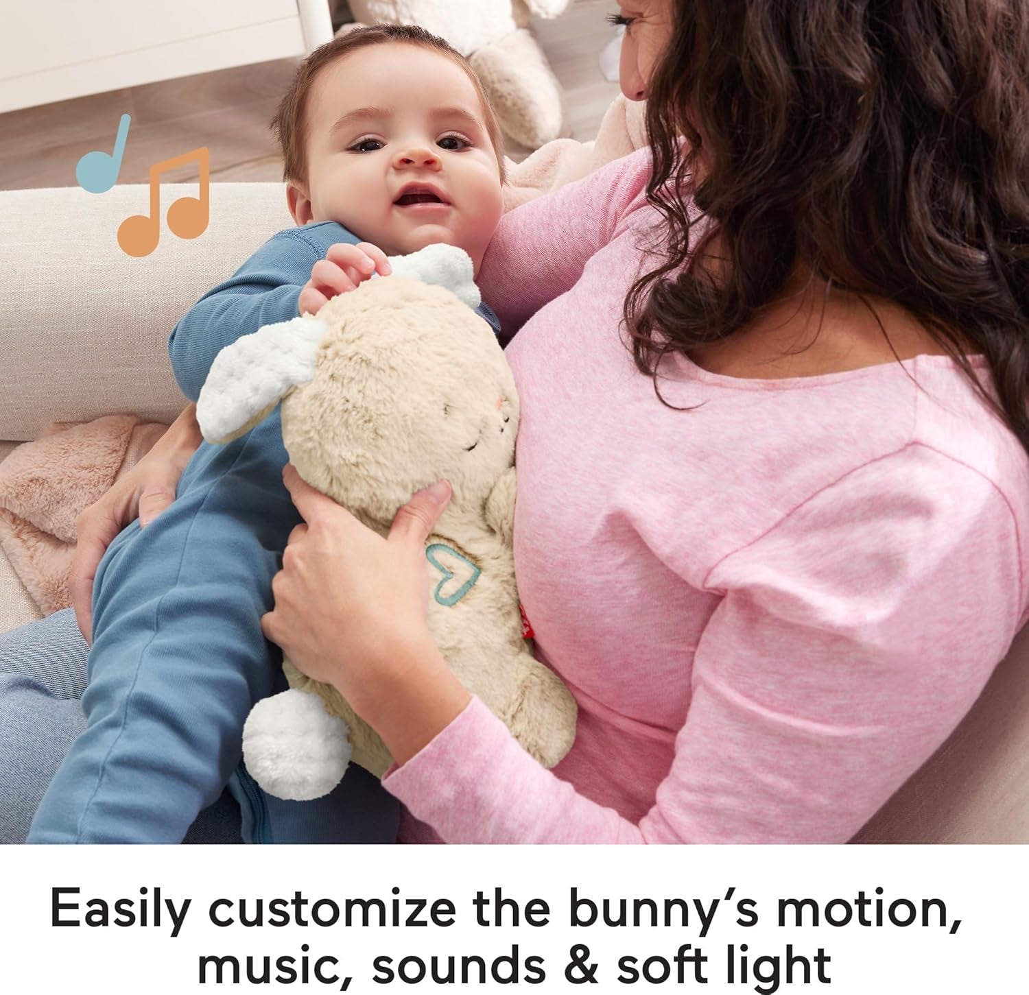 Fisher-Price Baby Sound Machine Soothe & Settle Bunny Portable Plush Toy with Music, Lights & Motion for Newborns