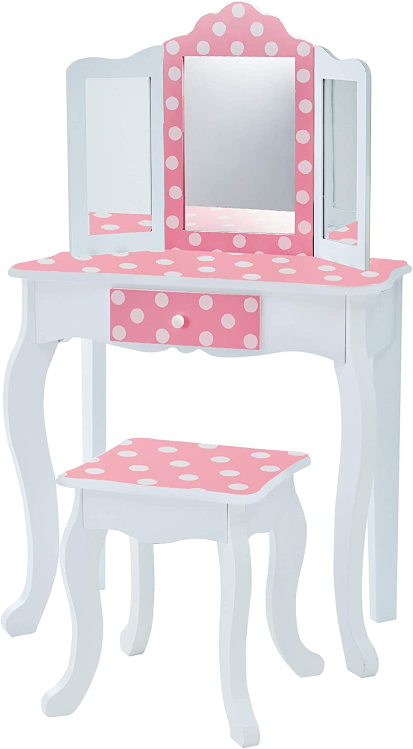 Teamson Kids Princess Gisele Starry Sky Print 2-Piece Kids Wooden Play Vanity Set with Vanity Table, Tri-Fold Mirror, Storage Drawer, and Matching Stool, White with Iridescent and Stars Accent