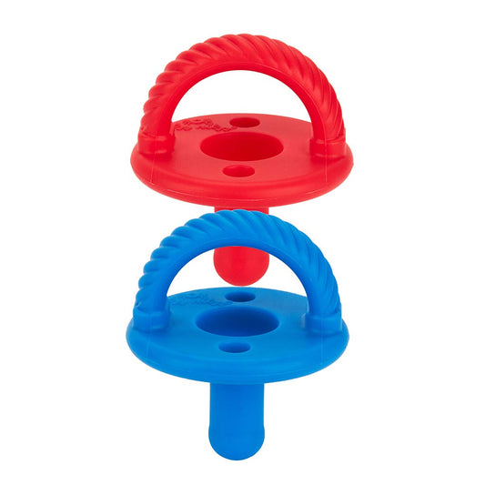 Itzy Ritzy Silicone Pacifiers for Newborn - Sweetie Soother Pacifiers Feature Collapsible Handle & Two Air Holes for Added Safety; for Ages Newborn and Up, Set of 2 in Hero Red & Hero Blue