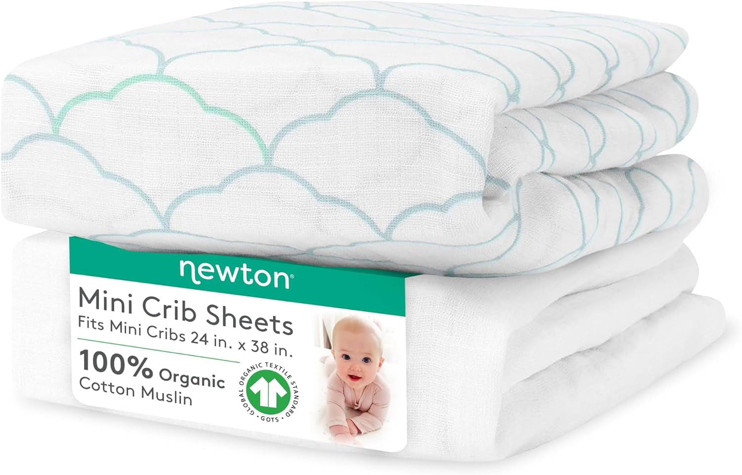 Newton Baby MINI CRIB Fitted Sheets (2-Pack) | Organic Muslin Cotton, Breathable Soft Baby Sheets, Washable Baby Mattress Sheets, Fits Any Mini Sized Crib 24" X 38", Dreamweaver Moonstone Mist + White