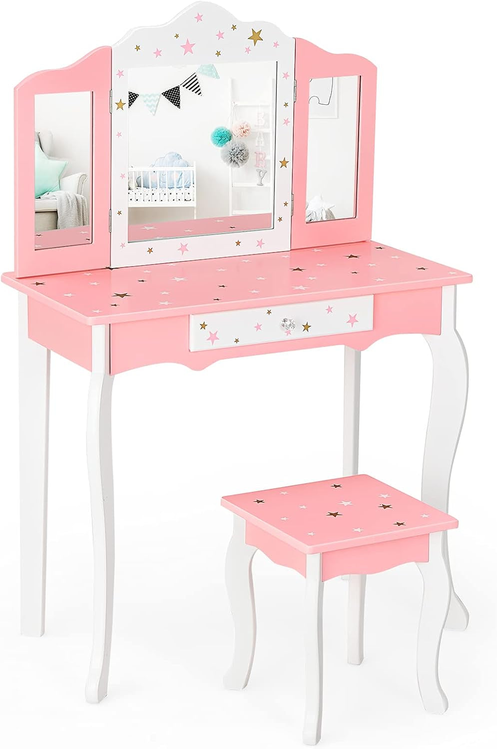 Costzon Kids Vanity Set with Mirror, 2 in 1 Princess Makeup Dressing Table W/Detachable Top, Toddler Girls Vanity with Tri-Fold Mirror, Drawer & Stool, Pretend Play Vanity Set for Little Girls, Pink