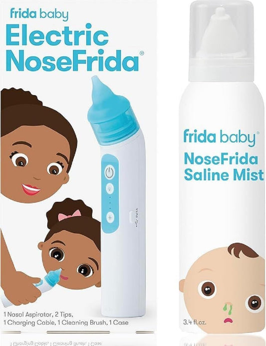 Bundle of Frida Baby Electric Nosefrida Nasal Aspirator, Nose Sucker, 3 Suction Levels, 2 Silicone Tips, USB Rechargeable + Saline Mist Spray | Baby Saline Nasal Spray, Soften Nasal Passages, 3.4 Floz