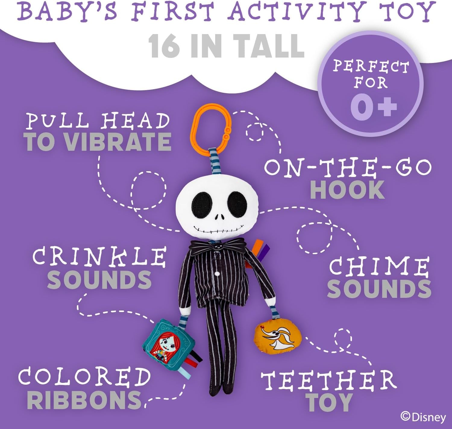 KIDS PREFERRED Disney Baby Nightmare before Christmas Jack Skellington on the Go Activity Toy with Teether, on the Go Clip, Bell Chime, and Pull through Arms