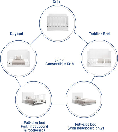 Graco Asheville 5-In-1 Convertible Crib with Drawer (White) – GREENGUARD Gold Certified, Crib with Drawer Combo, Full-Size Nursery Storage Drawer, Converts to Toddler Bed, Daybed and Full-Size Bed