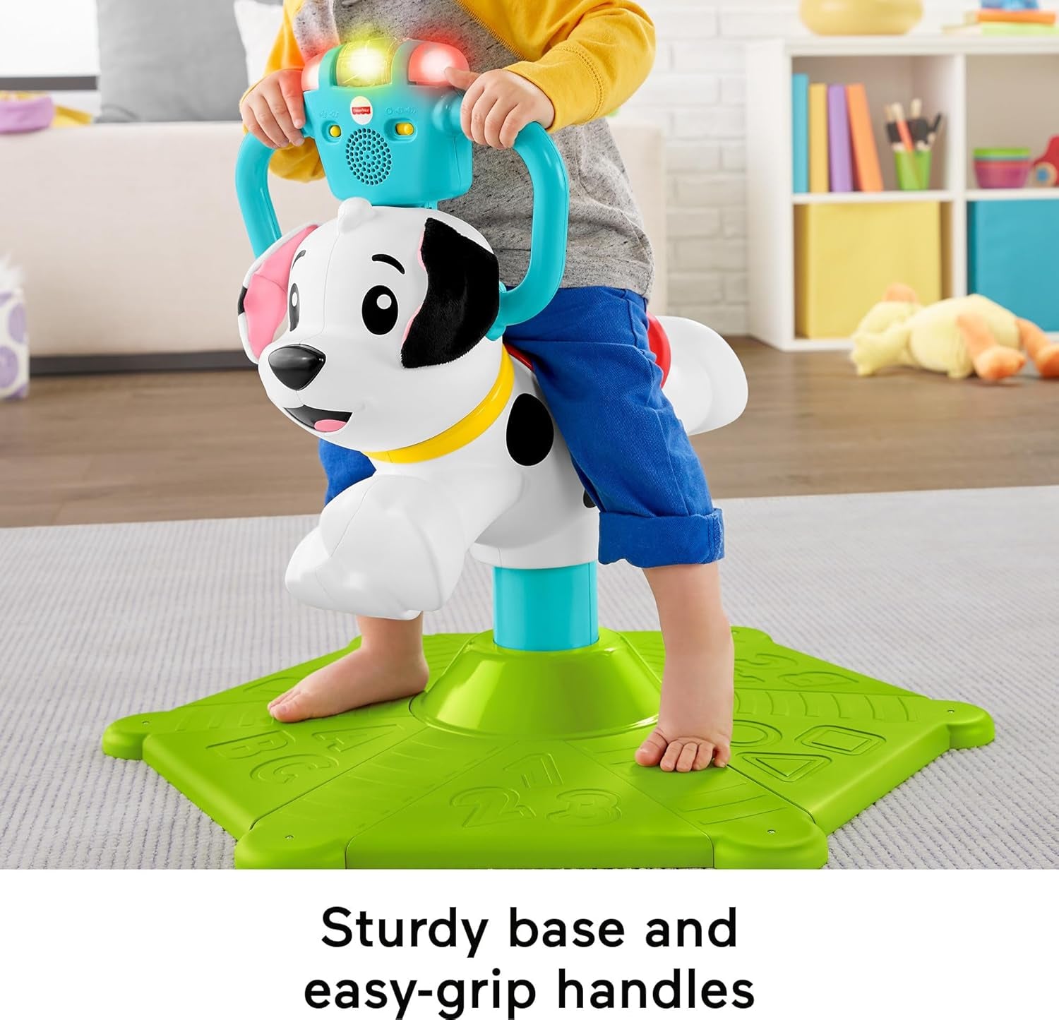 Fisher-Price Toddler Learning Toy, Bounce and Spin Puppy Stationary Ride-On Bouncer with Music & Lights for Infants Ages 1+ Years