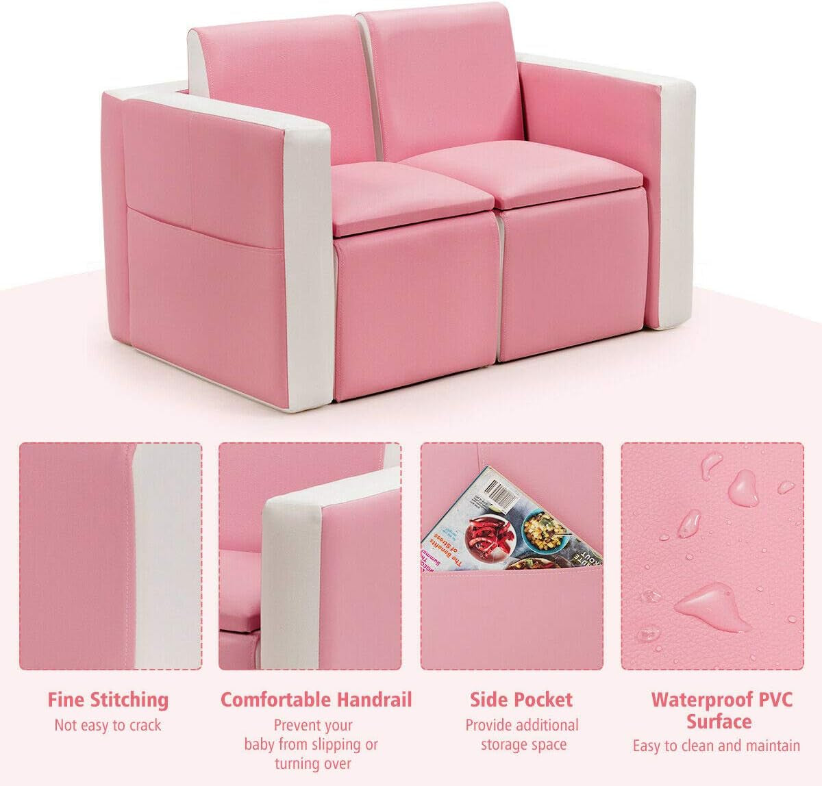 Costzon Kids Couch, 2 in 1 Double Seat Children'S Sofa Convert to Table and Two Chairs, Toddler Lounge with Storage Space, PVC Surface, Large Soft Kids Preschool Sofa Toy for Boys Girls Gifts (Pink)