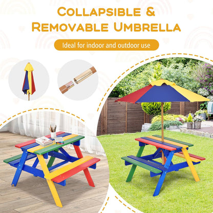 Costzon Kids Picnic Table, Wooden Childrens Table & Bench Set with Removable Umbrella, Kids Patio Furniture for Backyard, Garden, Kids Table and Chair Set for Outdoors