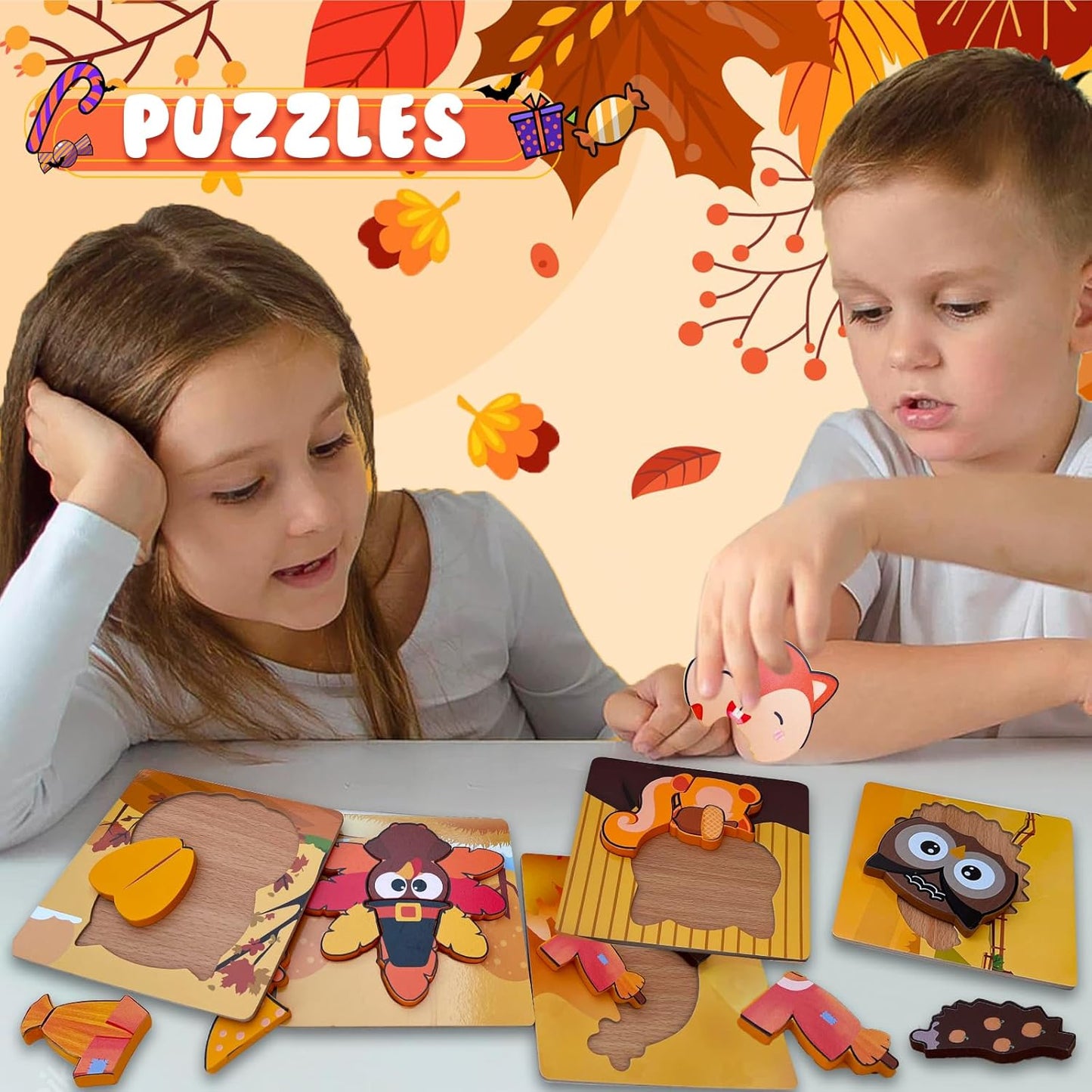 Wooden Puzzles for Toddlers 6 Pack Wooden Puzzles Toddler Toys for 3 4 5 Year Old Boys Girls (Fall)