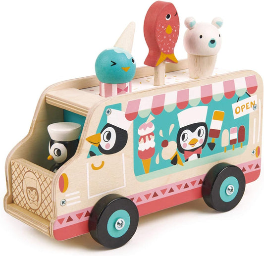 Tender Leaf Toys - Penguin’S Gelato Van - Food Truck Style Pretend Play, Ice Cream and Ice Lolly Wooden Vehicle - Encourage Role Play and Develops Social Skills for Children - Age 18M+