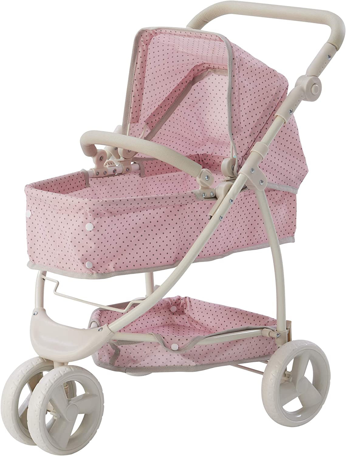 Olivia'S Little World Polka Dot Princess Baby Doll Twin Bassinet Stroller with Retractable Canopy & Storage, Pink/Gray