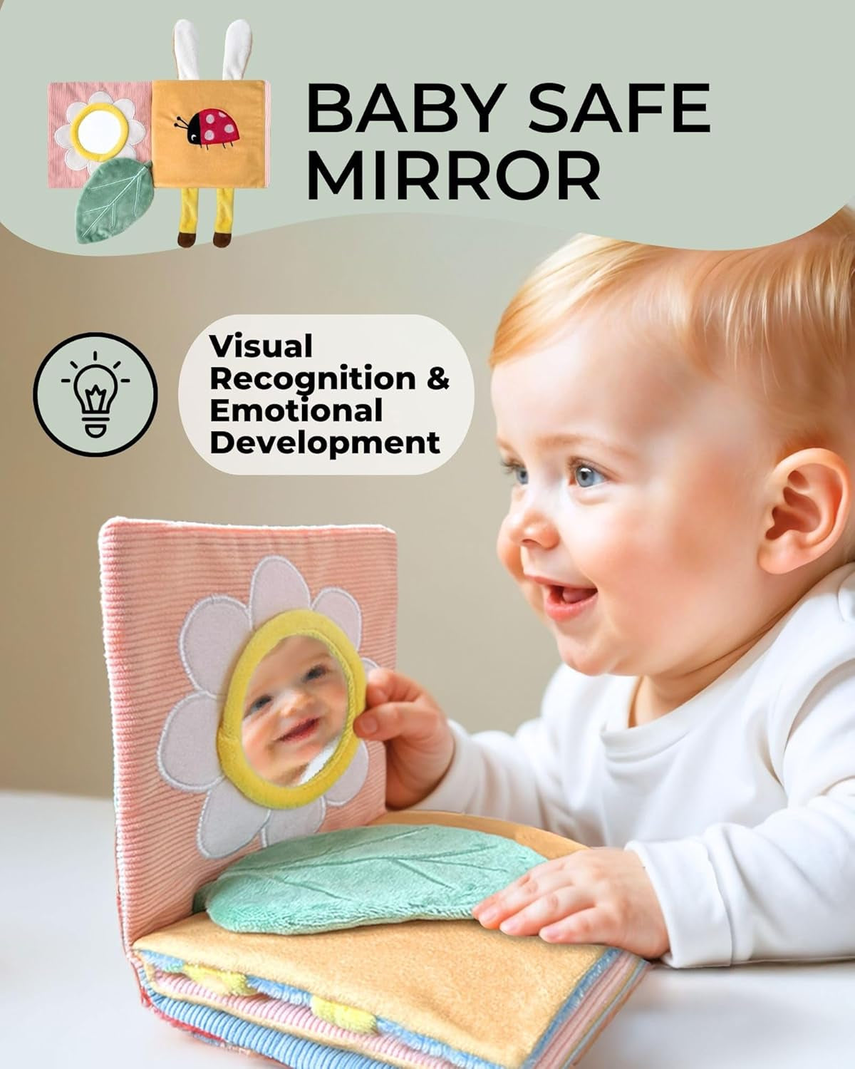 Adorable Elephant with Crinkling Ear Soft Baby Book with Mirror, Activities, Touch and Feel & Crinkle Pages - Interactive Sensory Cloth Book for Babies Baby Sensory Book for Early Development