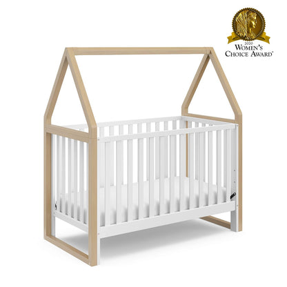 Storkcraft Orchard 5-In-1 Convertible Crib (White with Driftwood) – GREENGUARD Gold Certified, Canopy Style Baby Crib, Converts from Crib to Toddler Bed, Daybed and Full-Size Bed