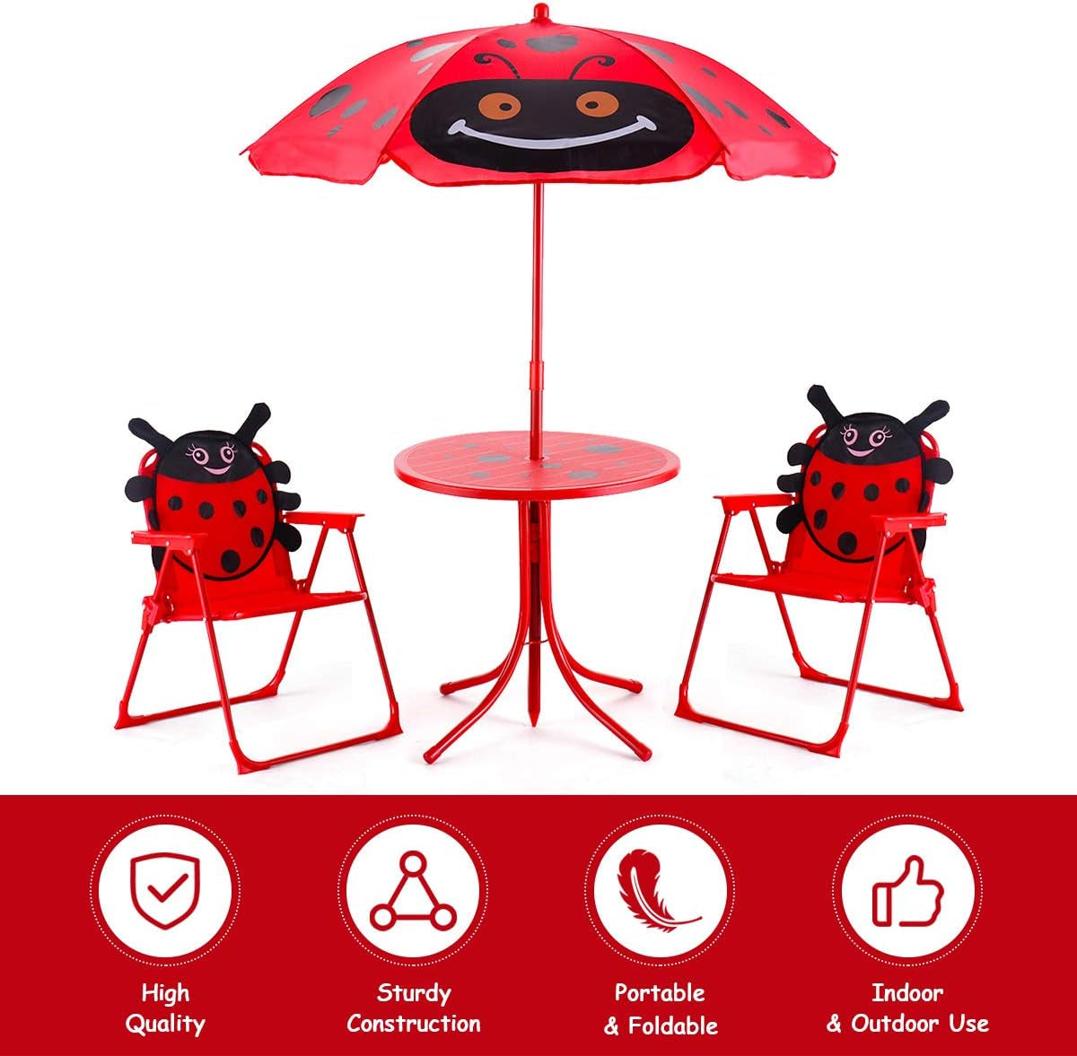 Costzon Kids Table and 2 Chair Set, Ladybug Folding Picnic Table Set with Removable Umbrella for Indoor Outdoor Garden Patio, Gift for Children Boys & Girls