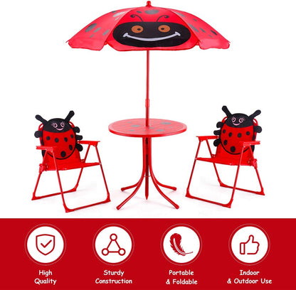 Costzon Kids Table and 2 Chair Set, Ladybug Folding Picnic Table Set with Removable Umbrella for Indoor Outdoor Garden Patio, Gift for Children Boys & Girls