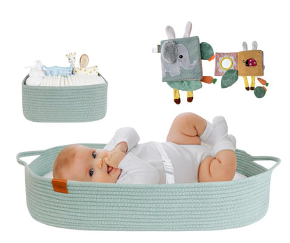 Baby Changing Basket with Diaper Caddy (Green) & Baby Soft Book Bundle