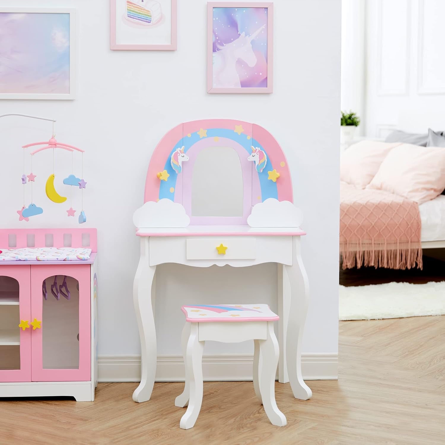 Fantasy Fields Little Dreamer Rainbow Unicorn Play Vanity Set with Rainbow-Shaped Mirror Frame, Cloud-Shaped Storage Drawers, and Stool, White with Pink, Blue and Lilac Rainbow Accents