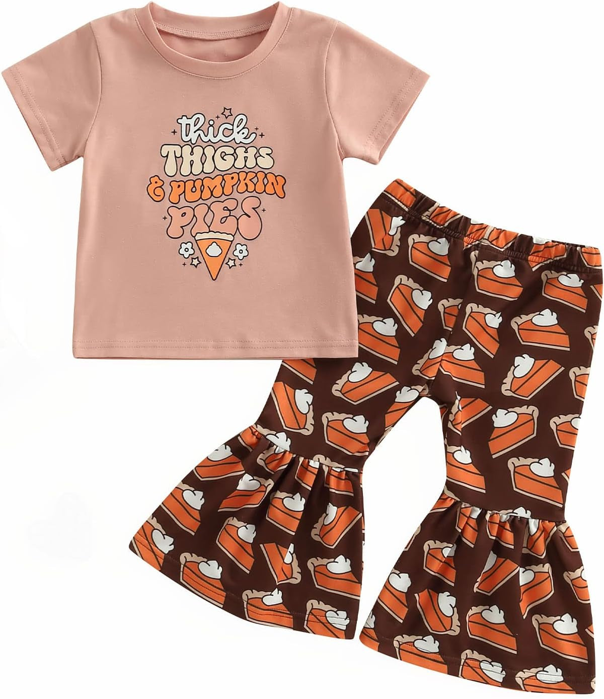 Baby Girl Halloween Outfit Pumpkin Pie Crewneck Sweatshirt Shirt Top Bell-Bottom Pants Sets Cute Toddler Clothes