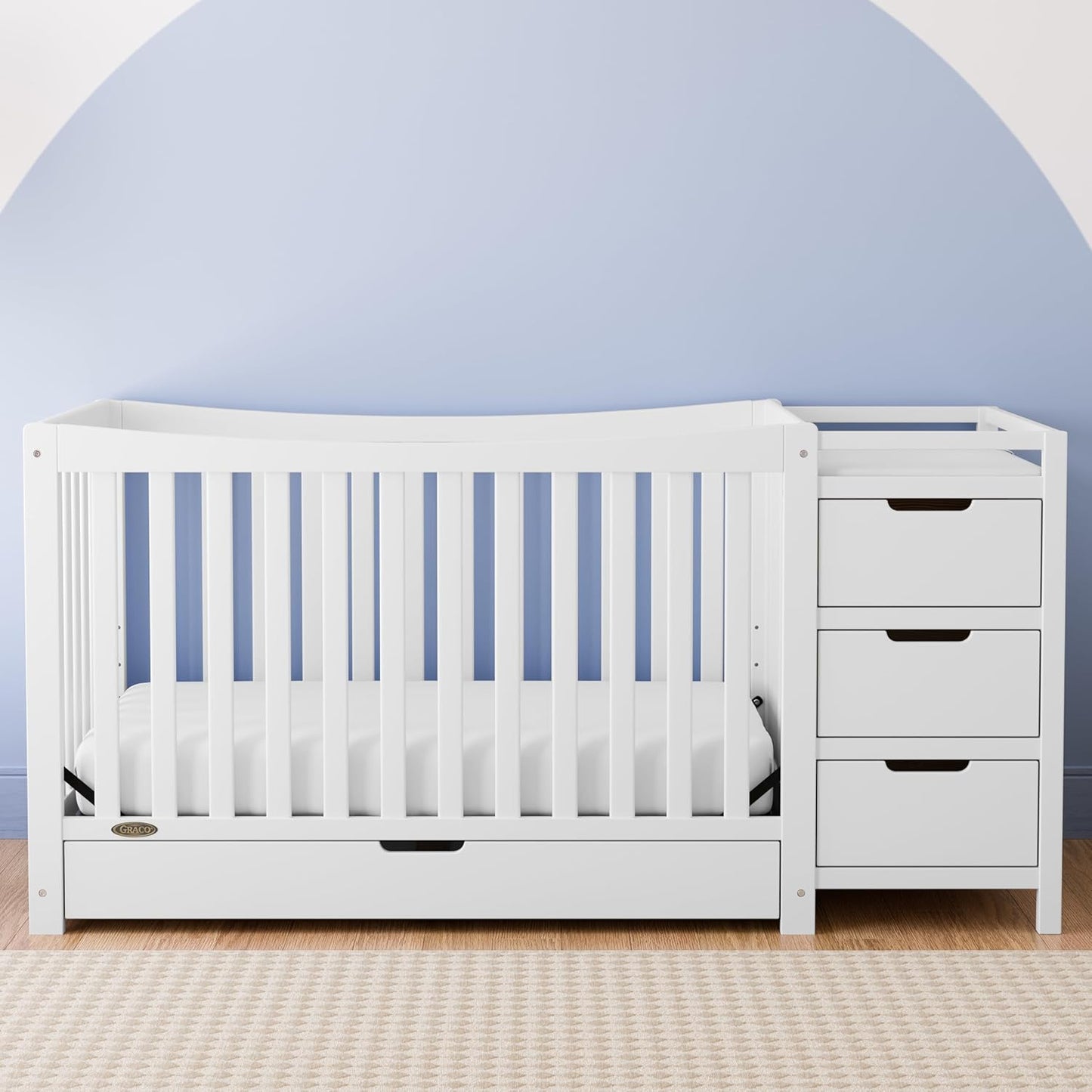 Graco Remi 4-In-1 Convertible Crib & Changer with Drawer (White) – GREENGUARD Gold Certified, Crib and Changing-Table Combo, Includes Changing Pad, Converts to Toddler Bed, Full-Size Bed