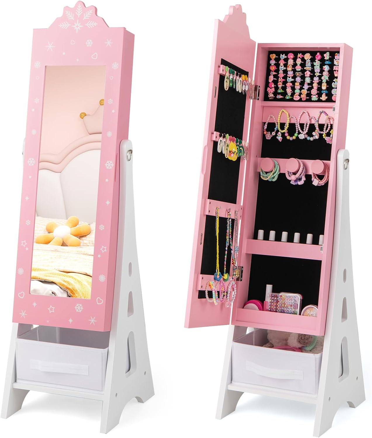 Costzon Kids Jewelry Armoire Cabinet, 43.5" Standing Jewelry Organizer with Full-Length Mirror, Storage Drawers, Kids Vanity Dress up Mirror Jewelry Cabinet for Girls (Pink)