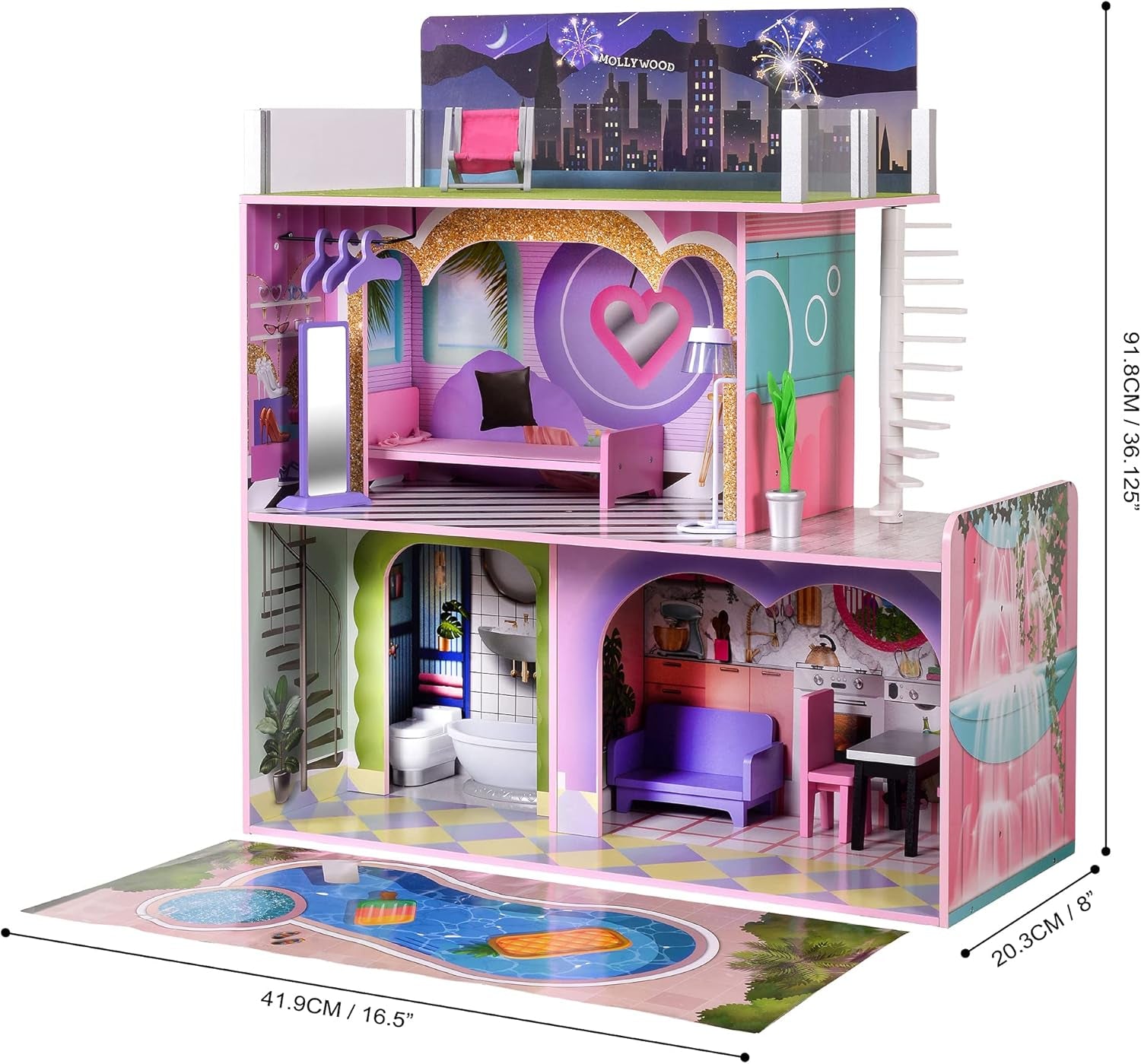 Olivia'S Little World Dreamland Sunset 2-Story Wooden Dollhouse with Modern Rooftop Deck and 14-Pc. Accessory Set for 12" Dolls, Pink