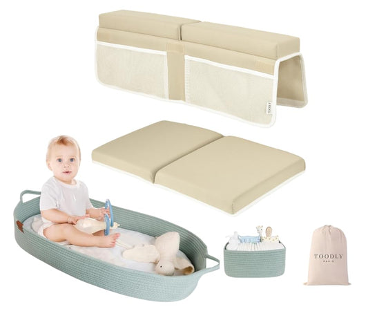 Comfortable Bath Kneeler and Elbow Rest Pad (Beige) + Baby Changing Basket with Diaper Caddy (Green) Bundle