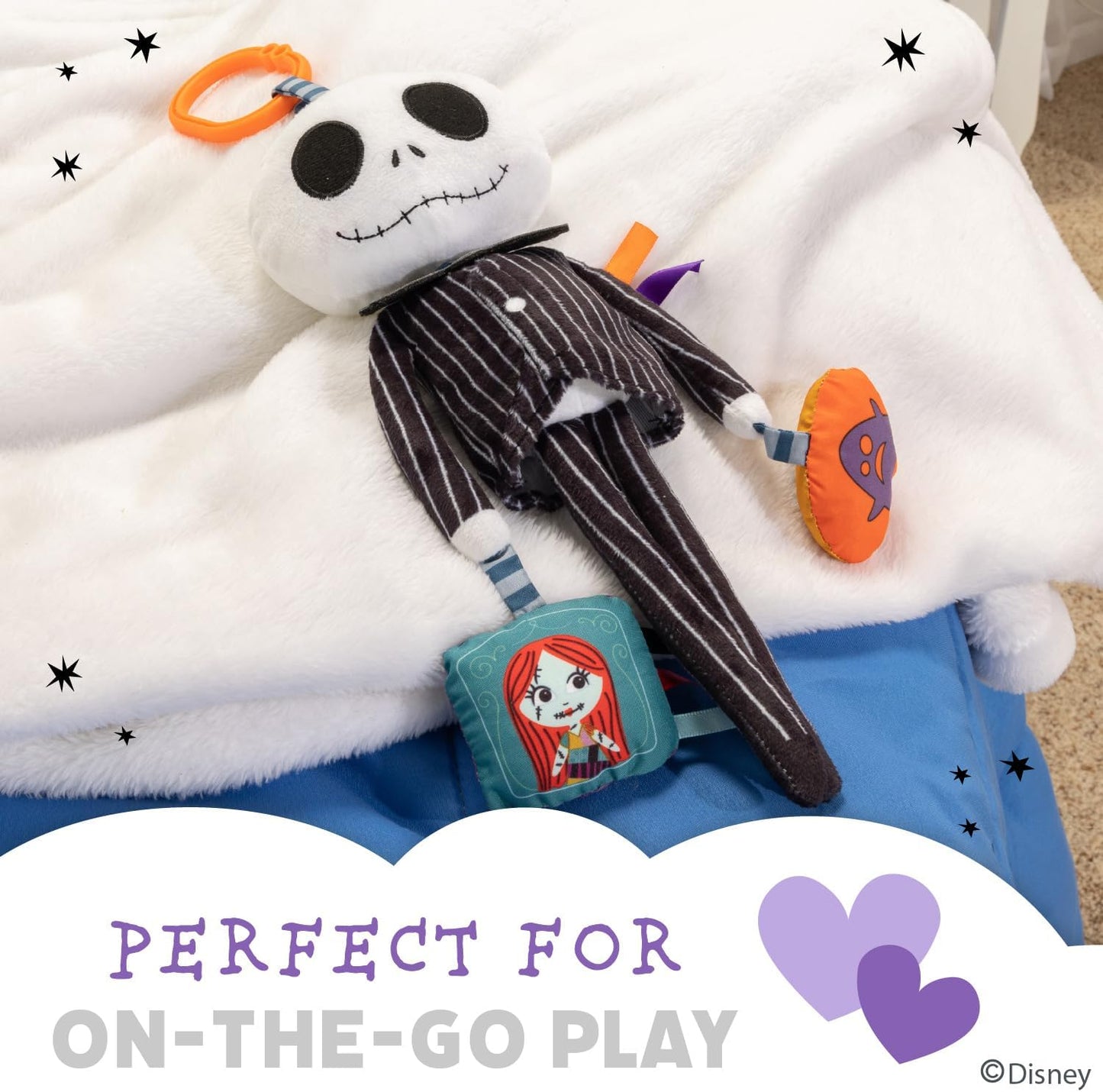 KIDS PREFERRED Disney Baby Nightmare before Christmas Jack Skellington on the Go Activity Toy with Teether, on the Go Clip, Bell Chime, and Pull through Arms