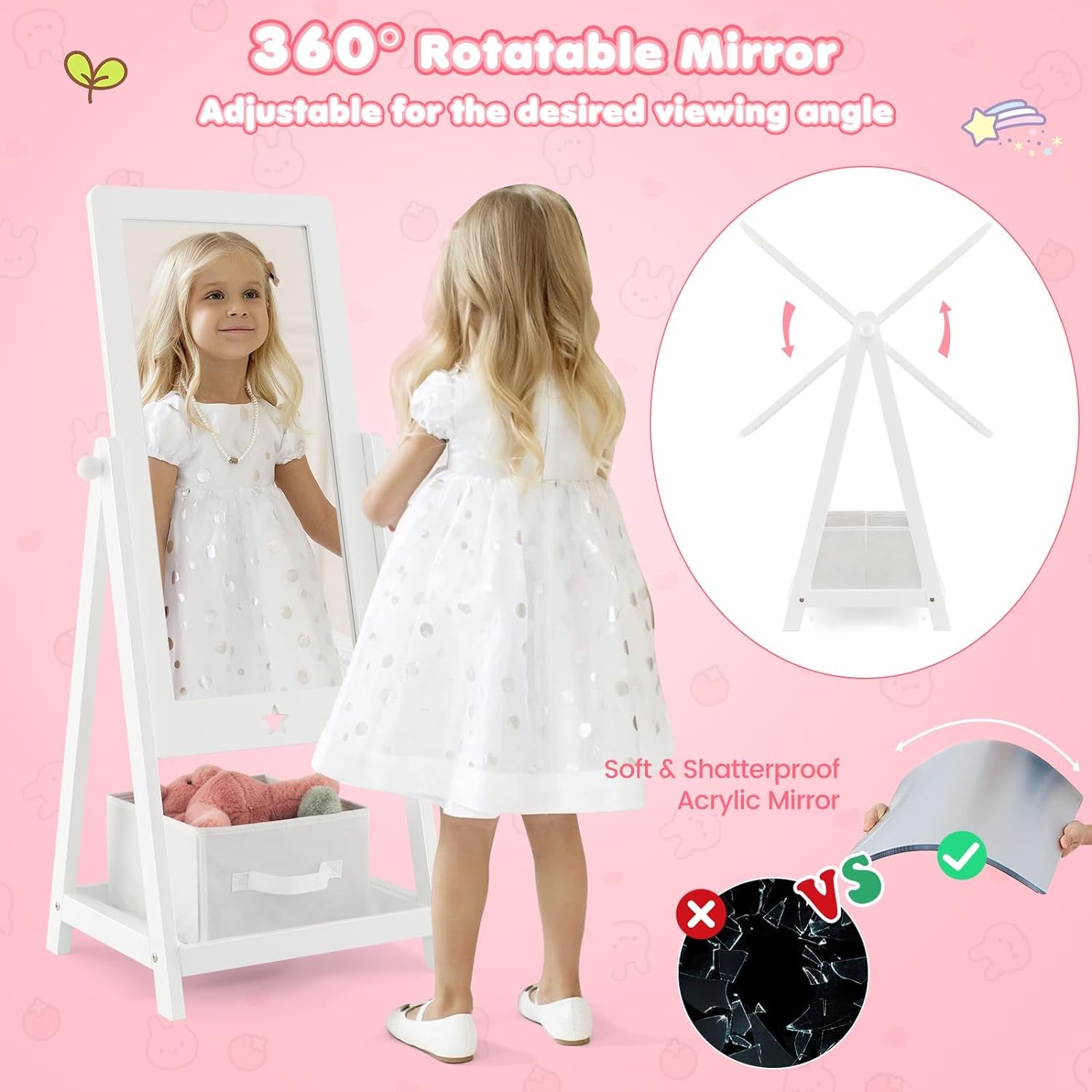 Costzon Kids Full Length Mirror, Princess Floor Free Standing Mirror W/Storage Shelf & Basket, 360 Degree Rotatable Rectangle Dressing Mirror for Little Girls Bedroom, Playroom, 3+ Years Old (White)