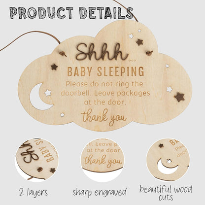 Chippi & Co Shh Baby Sleeping Sign for Front Door, Wooden Do Not Ring Doorbell Sign for Font Door, Baby Room, Fathers Day Gifts for New Dad, Expecting Dad, Christmas Gifts for Mom to Be (Baby Sleepinng Sign)