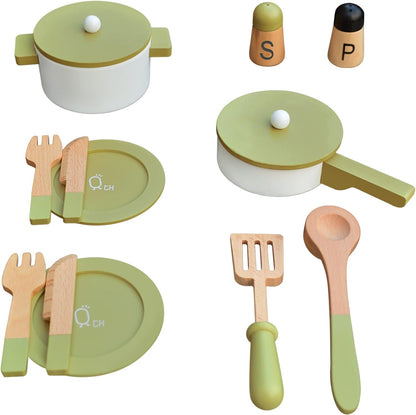 Teamson Kids - Little Chef Frankfurt Wooden Cookware Play Kitchen Accessories for Toddler Boys and Girls, Cookware Set Includes Utensils, Pots, Pans, Plates