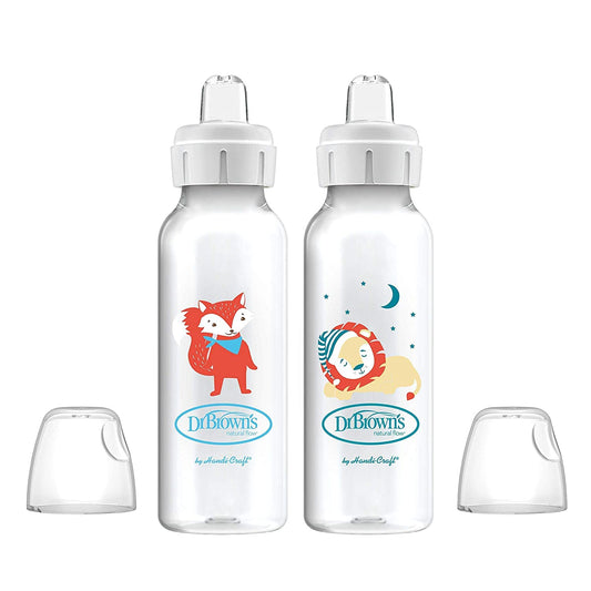 Dr. Brown'S Milestones Narrow Sippy Bottle, 100% Silicone Soft Sippy Spout, 8Oz/250Ml, Fox & Lion, 6M+