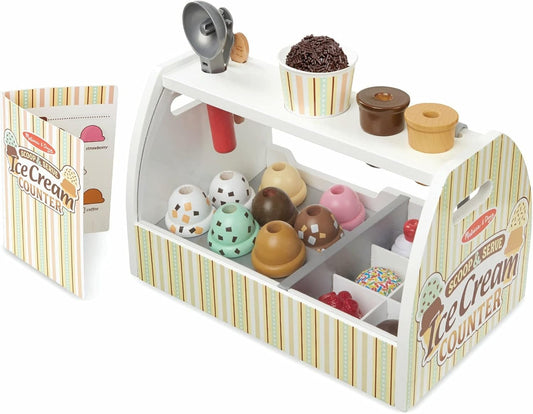 Melissa & Doug Wooden Scoop and Serve Ice Cream Counter (28 Pcs) - Play Food and Accessories - Pretend Food Toys, Ice Cream Shop Toys for Kids Ages 3+