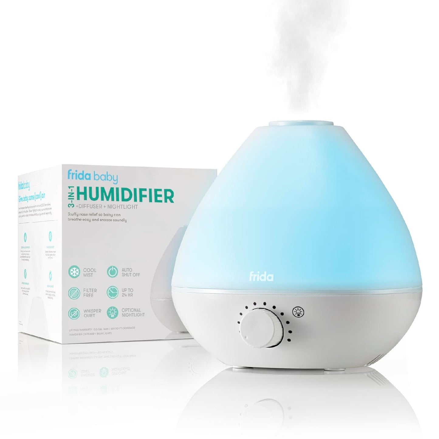 Frida Baby 3-In-1 Cool Mist Humidifier for Baby with Diffuser + Nightlight, Baby Humidifier for Bedroom, Nursery + Large Rooms, Quiet, Auto Shut Off, Runs +24Hrs