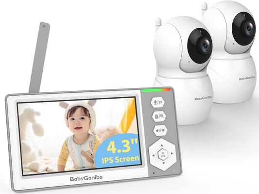 Baby Monitor with 2 Cameras Standby for 26-Hour Battery, Remote Control 4.3'' IPS Video Baby Monitor No Wifi up to 1000Ft Range, ECO, Night Vision, Temperature, 2-Way Talk, 8 Lullabies