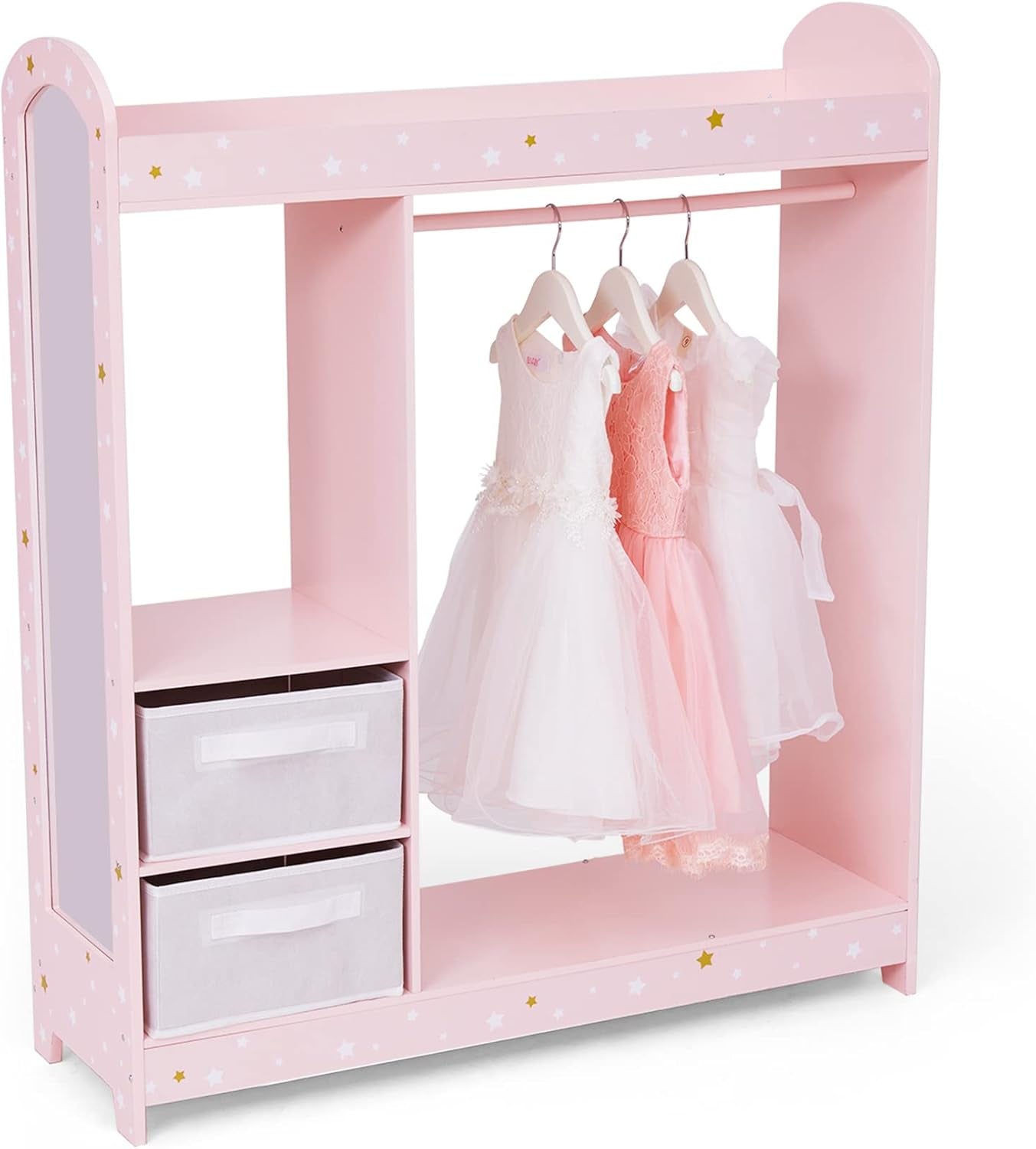 Teamson Kids, Pink Freestanding Fashion Twinkle Star Print Wooden Clothing Rack with Shelves, Mirror, Hooks and Storage Bins for Kids