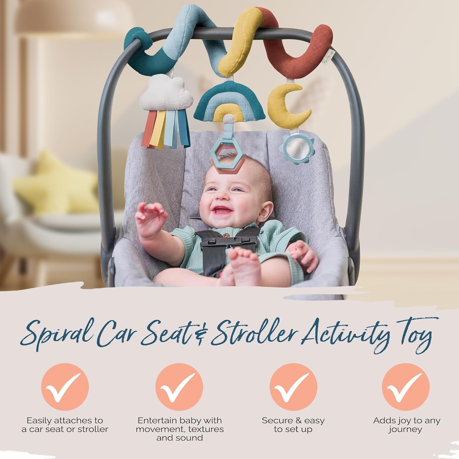 Itzy Ritzy Spiral Car Seat & Stroller Activity Toy - Stroller & Car Seat Toys for Ages 0 Months and up - Hanging Toys Include Dangling Ring, Mirror and Textured Ribbons (Pastel Rainbow)