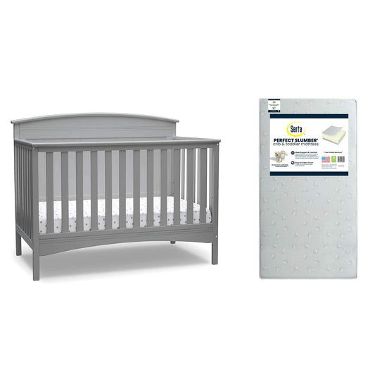 Delta Children Archer Deluxe 6-In-1 Convertible Crib, Grey + Serta Perfect Slumber Dual Sided Recycled Fiber Core Crib and Toddler Mattress (Bundle)