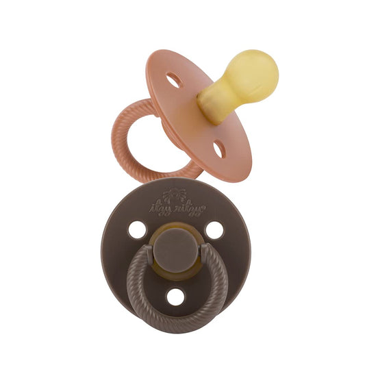 Itzy Ritzy Natural Rubber Pacifiers Set of 2 – Natural Rubber Newborn Pacifiers with Cherry-Shaped Nipple & Large Air Holes for Added Safety; Set of 2 in Chocolate & Caramel, Ages 0 – 6 Months